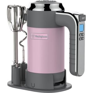 Mixeur plongeant Retro - 6 vitesses + fonction turbo - Fouets et crochets p&eacute;trisseurs - Avec support de rangement - 350 W - Rose - Neuf
