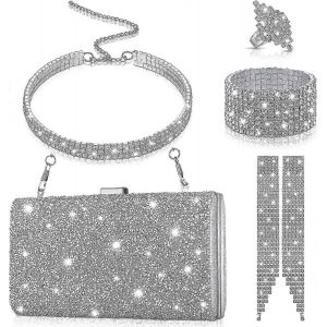 5 Pi&egrave;ces D'Argent D'Embrayage Sacs &Agrave; Main Pour Les Femmes De Soir&eacute;e Strass Ensemble De Bijoux Bling Embrayage Sac &Agrave; Main Sac En Strass Collier Bague Bracelet Boucle D'Oreille Pour Les Femmes Partie W - Neuf