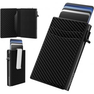 TRAHOO-Porte Carte Bancaire avec Blocage RFID, Portefeuille Homme en Fibre de Carbone Petit avec Pince &agrave; Billets, Portefeuilles et Porte-Cartes Pop-Up en Aluminium avec Bo&icirc;te Cadeau | Capacit&eacute; de 12 - Neuf