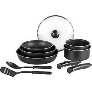 Letnerny-712763 Batterie 10 Pcs Alu Noir 3 Poêles Ø20/24/28cm, 2 Casseroles Ø16/20cm, 2 Ustensiles Nylon, 1 Couv. Verre Ø24cm, 2 Manches Amovibles - Tous Feux Dont Induction - Neuf