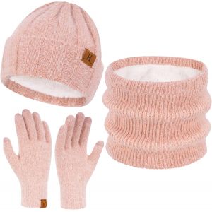 Jexnovashop-Femme Hiver Bonnet Chapeau Foulard &Eacute;cran Tactile Gants Ensemble Imitation Velours Tricot Polaire Doubl&eacute; Casquette &Eacute;charpe Gant Cadeaux Pour Femmes - Neuf