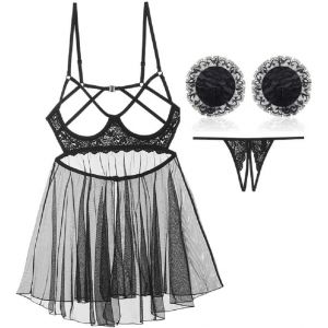 Asas-Femmes Lingerie Dentelle Ajouré Col V Dos Nu Babydoll De Nuit Sleepwear Underwear Ensemble Lingerie - Neuf