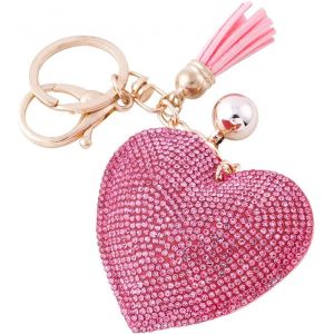 KAL-En Cuir Amour Coeur Keychain Bling Ss6 Premium Cristal De Voiture Porte-Cl&eacute;s Valise Sacs &Agrave; Dos Accessoires Charme Avec Glands (Rose) - Neuf