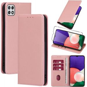 KAL-Coque Cuir Pour Samsung Galaxy A22 5G 6.6"" Avec 1 Verre Tremp&eacute; Etui &Agrave; Rabat En Pu Porte-Cartes Portefeuille Support Flip Housse Magn&eacute;tique Antichoc Anti-Rayures Case,Rose_Gold - Neuf