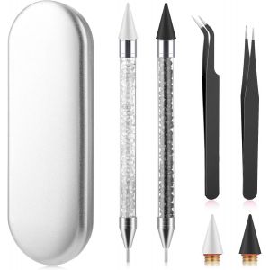 Kal-Kit D'outils De Pose De Strass -Double Extr&eacute;mit&eacute; -Stylo &Agrave; Cire Acrylique -Pour Le Bricolage Des Ongles -2 Stylos &Agrave; Points, 2 Pointes De Cire, 2 Pinces (Noir + Blanc) - Neuf