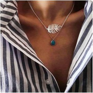 Kales-Collier Tour De Cou Bohème En Couches Turquoise Collier Turquoise En Forme De Larme Collier Pendentif Turquoise Bleue Collier Plume En Argent Chaîne Collier Chaîne Feuille Vintage Bijoux - Neuf