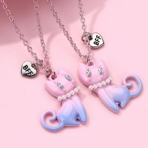 Colliers Pour Femme Collier Pendentif Chat Pour Femme,Collier Pendentif Chat Mignon,Collier Chat En Argent Sterling (2 Pièces,Rose) - Neuf