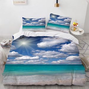 Housse De Couette Personne Polyester Coton Parure De Lit Moelleux Paysage De Plage Housse De Couette X Cm Avec Deux Taies D'oreiller X Cm - Neuf