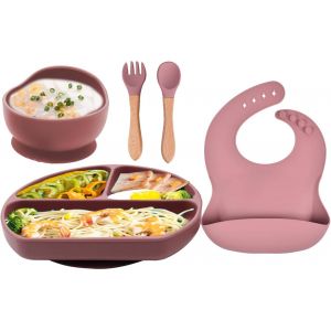 Rose - Pack De 5 Silicone Anti-Dérapant Bébé Plaques Avec Des Tasses D'aspiration, Un Bol, Une Cuillère, Une Fourchette Et Une Bavette Les Enfants Des Filles De La Plaque De Plats - Neuf