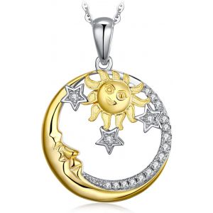 Kales-Vintage Soleil Lune Et Etoile Or Plaqué Pendentif Rond En Argent 925 Pour Femme,Collier Chaine Retro Céleste Zirconium Pour Fille 45cm,Ensemble Parure De Bijoux Cadeau Anniversaire - Neuf