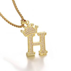 26 Lettres A-Z Zircon Couronne Initiale Alphabet Pendentif Collier Pour Femmes Hommes De Luxe Plaqu&eacute; Or Cuivre Colliers Bijoux Cadeaux--H - Neuf