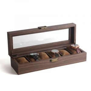 Coffret À Montres Avec 6 Compartiments, Couvercle En Verre, Coussinets En Velours, Serrure, 11,2 X 30 X 8 Cm, Revêtement Marron Et Doublure Marron - Neuf