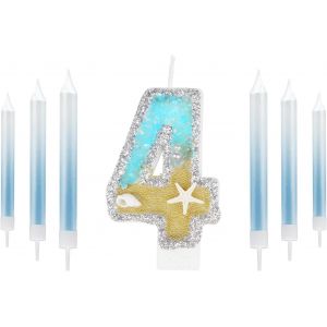 Eryi-Bougie D'anniversaire À Paillettes Pour 4e Anniversaire, Décoration De 4e Anniversaire Sur Le Thème De La Sirène, Bougie D'anniversaire À Paillettes Argentées, Bougie D'anniversaire À Paillettes - Neuf