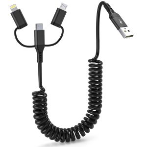 3 En 1 Cable Spirale Voiture Pour Apple Carplay Et Android Auto [3a Charge Rapide & Transmission De Donn&eacute;es], C&acirc;ble Multi Usb Avec Micro Usb Lightning Usb C C&acirc;ble Pour Iphone 16/15/14/13/Galaxy/Huawe - Neuf