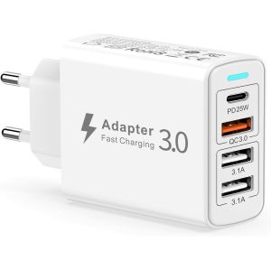 Chargeur Usb C Rapide, 40W 4-Port Prise Usb Multiple Avec Pd&Qc3.0 Adaptateur Secteur Usb C Type C Chargeur Usb Multiple Pour Iphone 15 14,Samsung S24 - Neuf