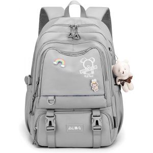 Sac À Dos Sacs D'École Sacs Scolaires Cartables Filles Garçons Sac D'École Sacs Scolaires Pour Primaire Aoutdoor Voyage École Ados Daypacks Avec Pendentif En Peluche Imperméable Nylon Gris - Neuf