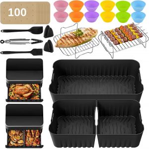 Sacs de friteuse à air comprimé pour Cosori Dual Airfryer TwinFry, 1 x 10 l et 2 x 5 L grand revêtement en silicone flexible, y compris paniers de friteuse à air, grille de barbecue, pince, gants - Neuf