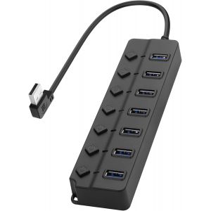 JGD-R&eacute;partiteur de Hub USB &agrave; 90 degr&eacute;s Hub de donn&eacute;es USB 2,0 avec Interrupteur Marche/arr&ecirc;t Individuel DC5,5 * 2,1 Port d'alimentation pour Ordinateur Portable, Ordinateur PC (7 Ports, 0,3M) - Neuf
