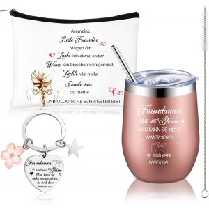 MAA-Coffret Cadeau Meilleure Amie de 3 Pièces Tasse à Café en Acier Inoxydable Or Rose de 12 Onces Porte-Clés de l'Amitié Trousse à Cosmétiques Trousse de Toilette Portable Cadeau d'Anniversairer - Neuf
