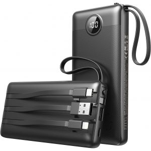 Lbgwp60-Batterie Externe 10000mah Avec 4 Câbles Intégrés, 5 Sorties Et 4 Entrées Batterie Portable Puissante, Battery Pack De Voyage Chargeur Externe Compatible Avec Iphone/Samsung/Android - Neuf