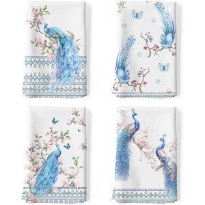 Eryi-Torchons De Cuisine Coton Vaisselle Lot De 4, Serviettes De Cuisine Torchon Vaisselle 100% Coton Avec Accroche Très Absorbant Serviettes De Bar 50 X 70cm Paons - Neuf