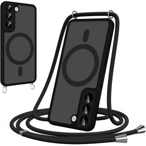 Maa-Coque Magnétique Pour Samsung Galaxy S22 Avec Cordon, [Compatible Avec Magsafe] Etui Translucide Mat Arrière Antichoc Réglable Portable Lanyard Case Protection, Noir - Neuf
