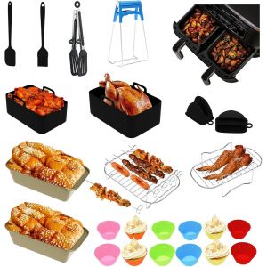Pata-Dual Air Fryer Accessoires Pour Moulinex Ey9018 5,2/3,1 L, Cecotec Cecofry Duosize 9l 5,5/3,5l, Deux Tailles Dual Moule Air Fryer En Silicone Avec Moule Cake,Pain,Grille Racks,Brosses(24 Pcs) - Neuf