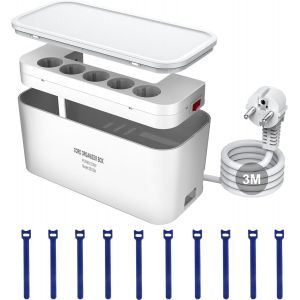 Bo&icirc;te de Rangement pour c&acirc;bles avec multiprises USB, 5 Prises et 3 USB, multiprise de Protection Contre la surtension (2 500 W) avec Interrupteur, c&acirc;ble 3 m, 29,5 x 14 x 14,1 cm, Blanc - Neuf