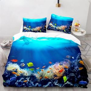 Housse De Couette King Queen World Underwater, Ensemble De Literie Pour Enfants, Motif Animaux De L'océan, Poissons, Corail, Vie Marine, Housse De Couette En Polyester Doux - Neuf