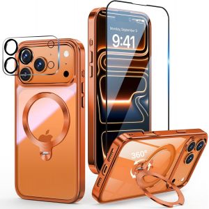 LORANKA-3 en 1 Coque pour iPhone 17 Pro 6.3"" [Coque Magn&eacute;tique Puissant pour MagSafe] [360&deg; CD Support Rolatif] [avec Protection Cam&eacute;ra & &Eacute;cran] Coque Antichoc &Eacute;lectroplaqu&eacute;e, Orange Cosmique - Neuf