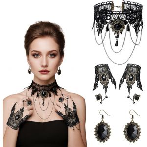 Collier Ras De Cou Femme,Ensemble Collier-Bracelet-Boucles D'oreille,Gothique Choker Collier,Party Accessoires Pour Femmes Filles Halloween Costume - Neuf