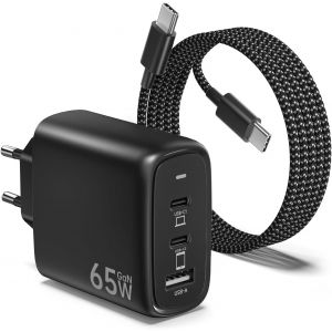 KALANKA-65W Chargeur USB C Rapide avec PD & QC3.0 GaN Technologie, 3-Ports USB Chargeur Prise avec Câble Type C 2M pour iPhone 16 Pro/15 Plus, pour Galaxy S24/23/S22, pour MacBook Pro/Air, etc - Noir - Neuf