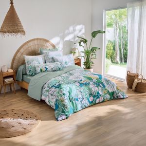 Parure De Lit 3 Pi&egrave;ces Percale De Coton Feuillage Exotique Housse + Taies - Neuf