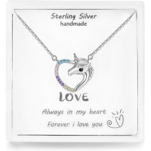 Kales-Collier Licorne En Argent Sterling 925,Collier Pendentif En Forme De Coeur Avec Colorés Zircons Cadeau D'anniversaire Pour Enfant Filles Et Femmes - Neuf