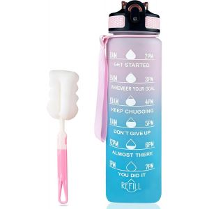 Eryi-Sport Bouteille D'eau Anti-Fuite,1l Gourde Avec Paille Et Marqueur De Temps,Étanchéité Gourde Avec Brosse À Gobelet,Ouvrir En Un Clic,Sans Bpa,Pour La Salle De Gym,Course À Pied,Le Camping - Neuf