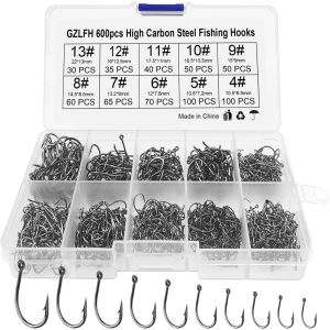 600 Fishing Hooks, 10 Sizes Carbon Steel Hooks With Plastic Box For Freshwater And Saltwater Fishing - Neuf