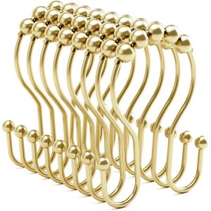 (Or) 8 Double de l'Oreille Crochets, Cinq Billes de Porte Rideau pendant Anneau en M&eacute;tal Crochet de Rideau, Inoxydable Anneau de Rideau de Douche en Douceur, Glissant &Eacute;quilibr&eacute; Double Rideau de Douche Crochet pour salle de Bain - Neuf