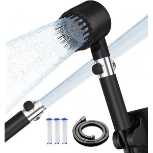 Pommeau Douche Anti Calcaire avec Tuyau 1.5M et Support, 4 Types de Jets Douchette Salle de Bain Pomme de Economie Deau (Noir) - Neuf