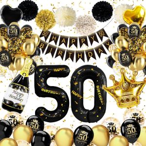 MEVRONISSHOP-Deco Anniversaire 50 ans Homme, Decoration 50 ans Homme Femme, Noir Or decoration anniversaire 50ans, Banni&egrave;re Joyeux - Neuf