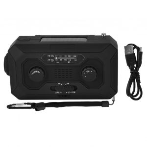 HJLIAN Radio meteo d'urgence a manivelle AM/AM, indicateur de batterie, lampe torche, batterie externe solaire pour camping en plein air, version UE noire - Neuf