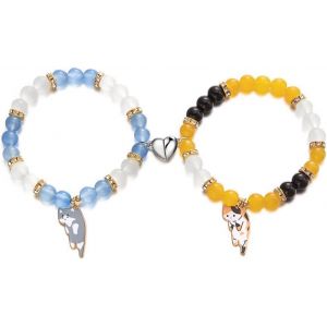 Eryi-2 Pieces Couple Bracelet Set Bracelets D'amitié Bracelets D'amour Fermeture Magnétique Pendentif Chat Bracelets Couple Perles Bijoux Cadeau De Noël - Neuf