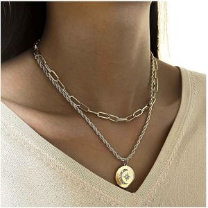 Kal-Collier Cha&icirc;ne Trombone Vintage En Couches Collier Pendentif Pi&egrave;ce De Monnaie Boho Lune Collier Cha&icirc;ne Disque &Eacute;toile Or Collier Choker Rond Pi&egrave;ce De Monnaie M&eacute;daillon Colliers Bijoux - Neuf