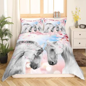 Sjzg-Cheval Housse De Couette Couple Blanc Cheval Au Galop Parure De Lit Fleurs De Cerisier Sets De Housse De Couette 220x240cm Love Animal Sauvage Branches Parure Housse De Couette Le Recueil Chambr - Neuf