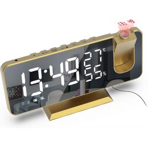 CHECARZHN--NO1-Reveil Projecteur,Radio Réveil Avec Température,Humidité,Ecran Led Miroir De 7,5 Pouces,Snooze Double Alarme,4 Luminosité De L'Écran Avec Fonction De Gradation Automatique,Port De Usb - Neuf