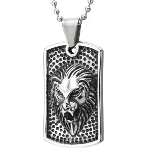 Kal-Vintage Acier Convexe Lion T&ecirc;te Pointill&eacute;s Dogtag Pendentif - Collier Homme Femme - 75cm Balle Cha&icirc;ne - Neuf