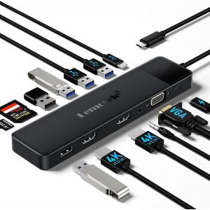 Dock Station d'accueil Hub USB C 3*Affichage - 13 en 1, 2 Adaptateur HDMI 4K, 3 USB 3.0, 2 USB 2.0, VGA, Type-C 3.0, PD 100W, Audio, SD/TF, pour Windows, Macbook, Dell - Neuf