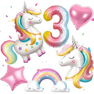 MEVRONISSHOP-6 Pi&egrave;ces Decoration Anniversaire Licorne 3 4 5 6 Ans, 3D Debout Ballon Licorne & Ballon Aluminium Licorne & Ballon Coeur & Arc-en-Ciel &Eacute;toile Ballon, Licorne D&eacute;coration Anniversaire Fill - Neuf