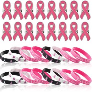 Eryi-Cadeaux Au Cancer Du Sein Pour Femmes ¿ Ensemble De 32 Bracelets De Sensibilisation Au Cancer Du Sein & Broches En Forme De C?ur Rose ¿ Espoir, Foi, Force Et Courage - Neuf