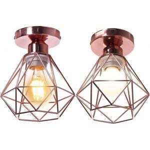 KAL-Plafonnier Industrielle Vintage Design Rétro Cage En Métal Fer Forge, Suspension Luminaire E27 Lampe De Plafond Diamant Ø16Cm (2Pcs Or Rose) - Neuf