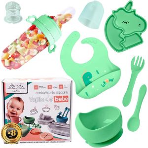 Kal-Service De Table En Silicone Pour B&eacute;b&eacute; Avec Assiette, Bol Avec Ventouse, Biberon Anti-&Eacute;touffement, Couverts Et Bavoir Imperm&eacute;able 8 Pi&egrave;ces | Set De Vaisselle Pour B&eacute;b&eacute; Sans Bpa | Vaisselle Pour - Neuf